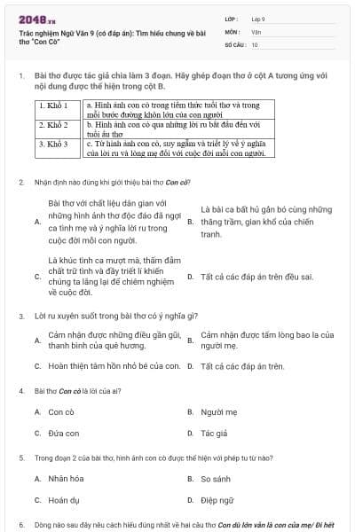Trắc nghiệm Ngữ Văn 9 (có đáp án): Tìm hiểu chung về bài thơ “Con Cò”