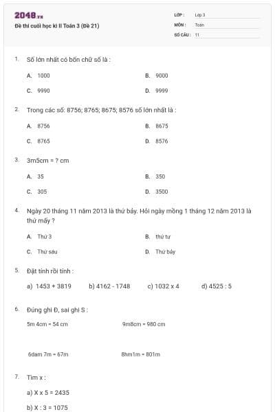 Đề thi cuối học kì II Toán 3 (Đề 21)