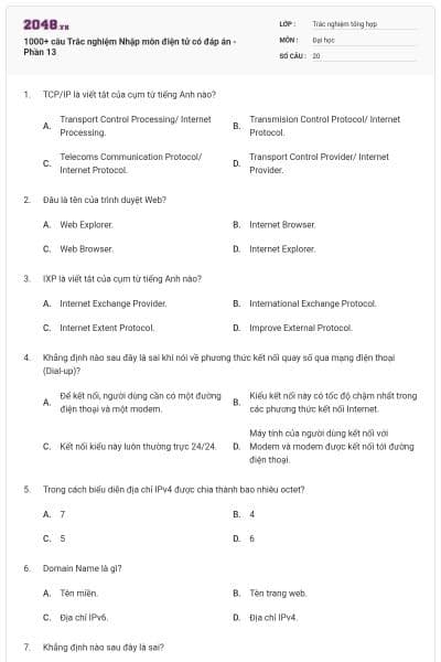 1000+ câu Trắc nghiệm Nhập môn điện tử có đáp án - Phần 13