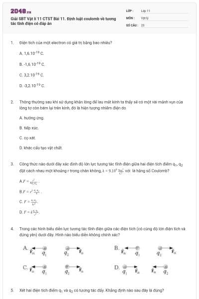 Giải SBT Vật lí 11 CTST Bài 11. Định luật coulomb về tương tác tĩnh điện có đáp án