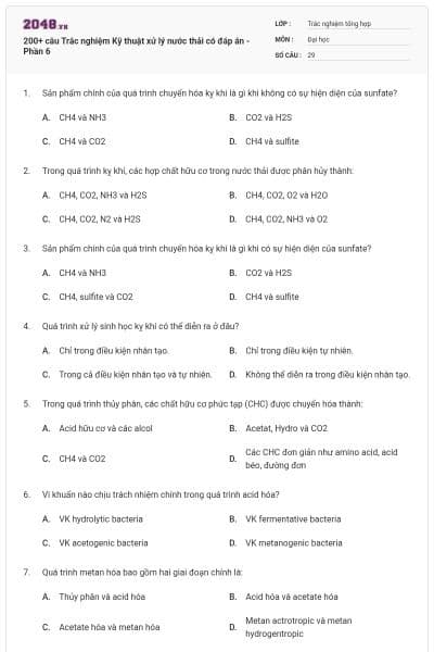 200+ câu Trắc nghiệm Kỹ thuật xử lý nước thải có đáp án - Phần 6