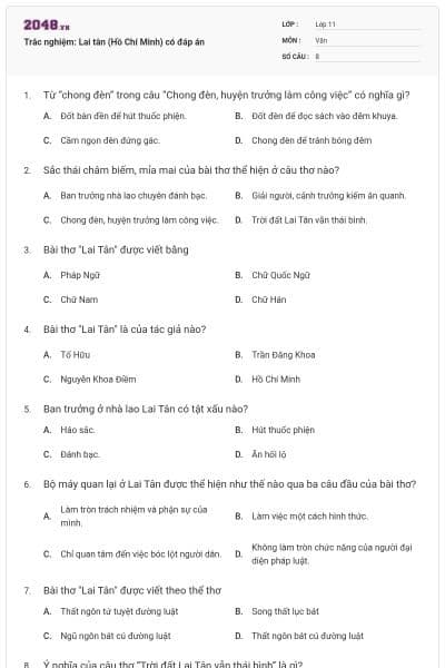 Trắc nghiệm: Lai tân (Hồ Chí Minh) có đáp án