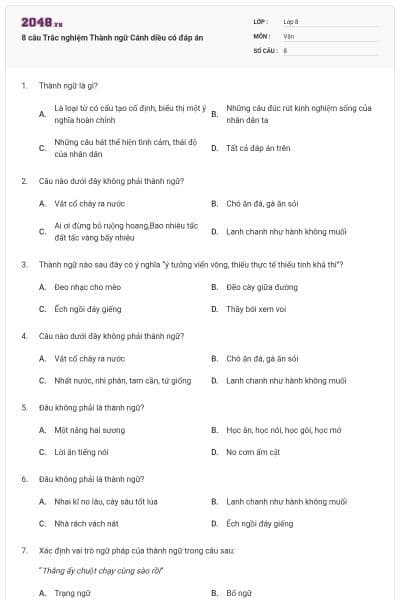 8 câu Trắc nghiệm Thành ngữ Cánh diều có đáp án