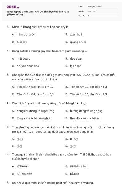 Tuyển tập Bộ đề thi thử THPTQG Sinh Học cực hay có lời giải (Đề số 20)