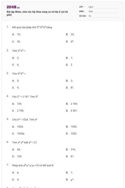 Bài tập Nhân, chia các lũy thừa cùng cơ số lớp 6 (có lời giải)