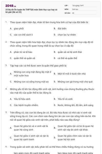 25 Bộ đề Ôn luyện thi THPTQG môn Sinh Học cực hay có lời giải (Đề số 22)