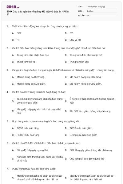 400+ Câu trắc nghiệm tổng hợp Hô hấp có đáp án - Phần 11