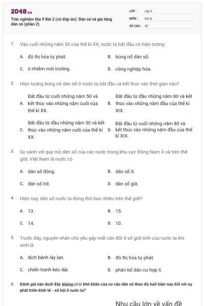 Trắc nghiệm Địa 9 Bài 2 (có đáp án): Dân số và gia tăng dân số (phần 2)