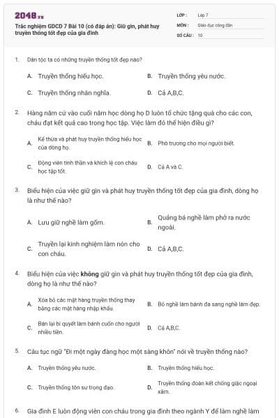 Trắc nghiệm GDCD 7 Bài 10 (có đáp án): Giữ gìn, phát huy truyền thống tốt đẹp của gia đình