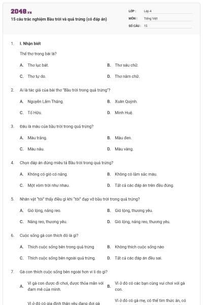 15 câu trắc nghiệm Bầu trời và quả trứng (có đáp án)