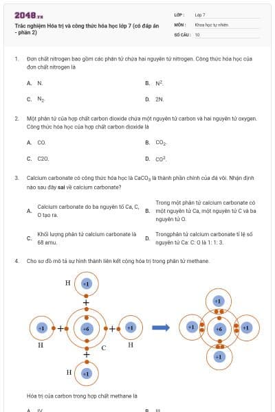 Trắc nghiệm Hóa trị và công thức hóa học lớp 7 (có đáp án - phần 2)