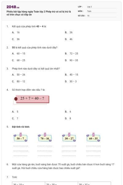 Phiếu bài tập hàng ngày Toán lớp 2 Phép trừ có số bị trừ là số tròn chục có đáp án
