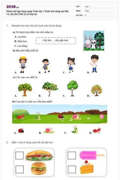 Phiếu bài tập hàng ngày Toán lớp 1 Chân trời sáng tạo Bài 13. Độ dài (Tiết 2) có đáp án