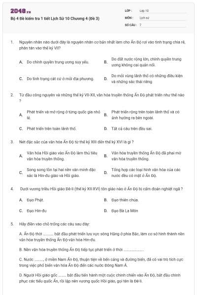 Bộ 4  Đề kiểm tra 1 tiết Lịch Sử 10 Chương 4 (Đề 3)