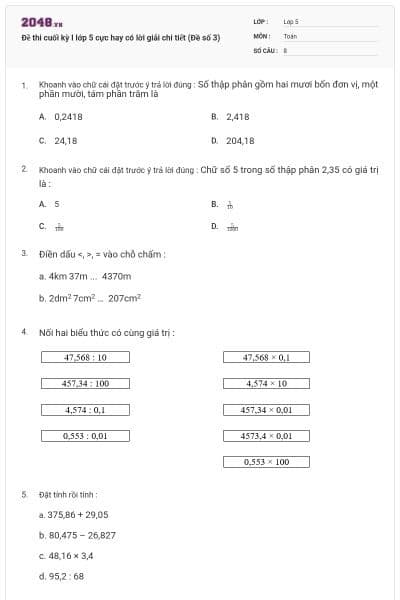 Đề thi cuối kỳ I lớp 5 cực hay có lời giải chi tiết (Đề số 3)