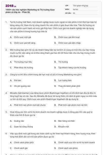 1000+ câu trắc nghiệm Marketing và Thị trường dược phẩm có đáp án - Phần 66