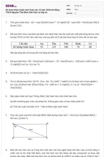 Đề tham khảo tuyển sinh Toán vào 10 năm 2026 Đà Nẵng - THCS Nguyễn Thái Bình (Hải Vân) có đáp án