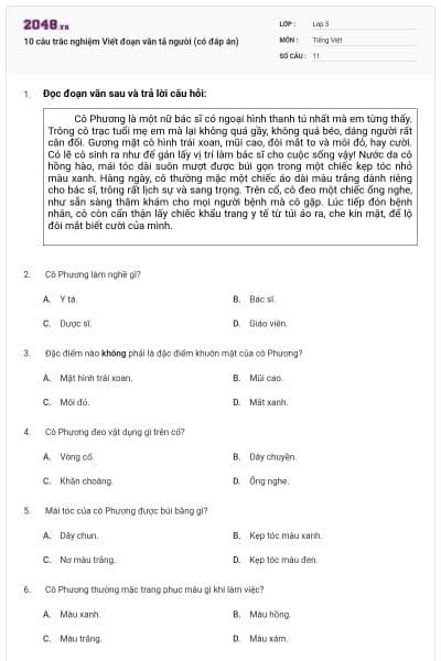 10 câu trắc nghiệm Viết đoạn văn tả người (có đáp án)