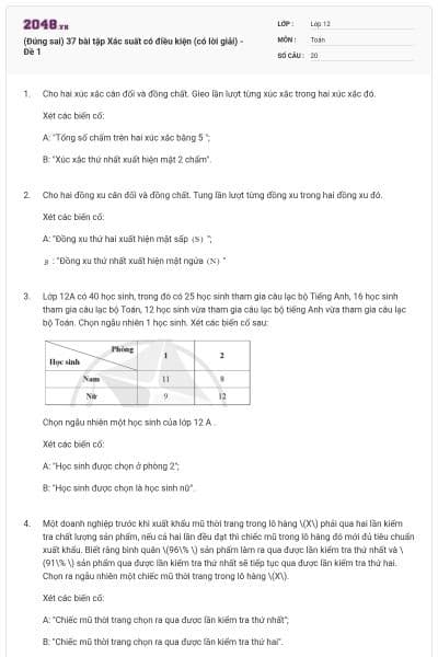 (Đúng sai) 37 bài tập Xác suất có điều kiện (có lời giải) - Đề 1