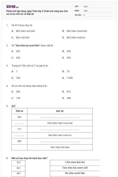 Phiếu bài tập hàng ngày Toán lớp 2 Chân trời sáng tạo Các số có ba chữ số có đáp án