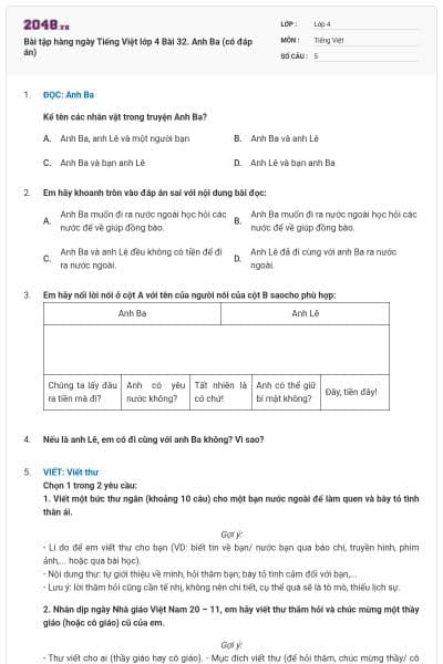 Bài tập hàng ngày Tiếng Việt lớp 4 Bài 32. Anh Ba (có đáp án)