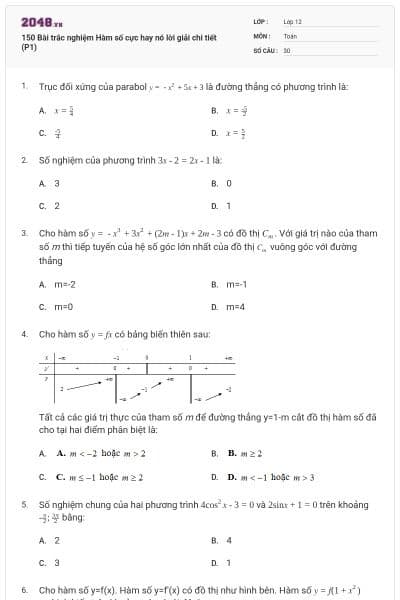 150 Bài trắc nghiệm Hàm số cực hay nó lời giải chi tiết (P1)