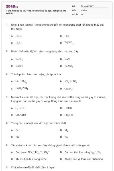 Tổng hợp đề thi thử Hóa Học mức độ cơ bản, nâng cao (Đề số 03)