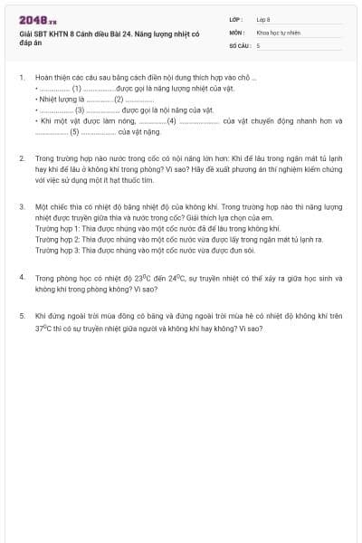 Giải SBT KHTN 8 Cánh diều Bài 24. Năng lượng nhiệt có đáp án