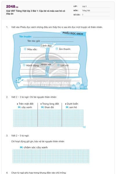 Giải VBT Tiếng Việt lớp 3 Bài 1: Cậu bé và mẩu san hô có đáp án