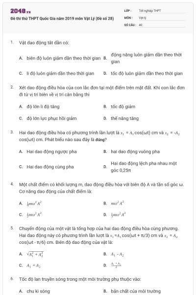 Đề thi thử THPT Quốc Gia năm 2019 môn Vật Lý (Đề số 28)