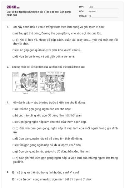Giải vở bài tập Đạo đức lớp 2 Bài 3 (có đáp án): Gọn gàng, ngăn nắp