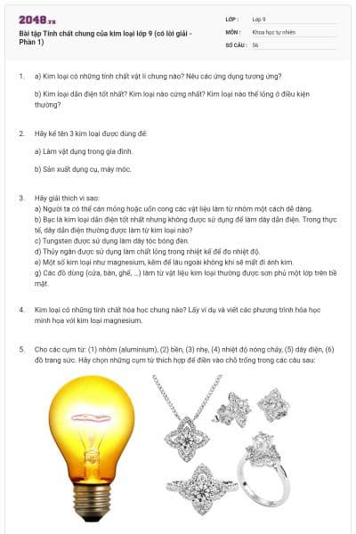 Bài tập Tính chất chung của kim loại lớp 9 (có lời giải - Phần 1)