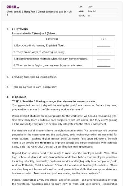 Đề thi cuối kì 2 Tiếng Anh 9 Global Success có đáp án - Đề 3