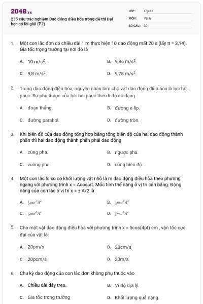 235 câu trắc nghiệm Dao động điều hòa trong đề thi Đại học có lời giải (P2)