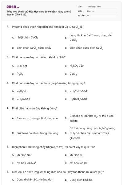 Tổng hợp đề thi thử Hóa Học mức độ cơ bản - nâng cao có đáp án (Đề số 16)