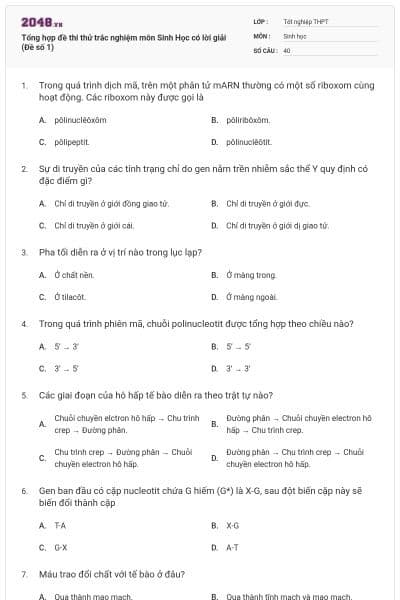 Tổng hợp đề thi thử trắc nghiệm môn Sinh Học có lời giải (Đề số 1)