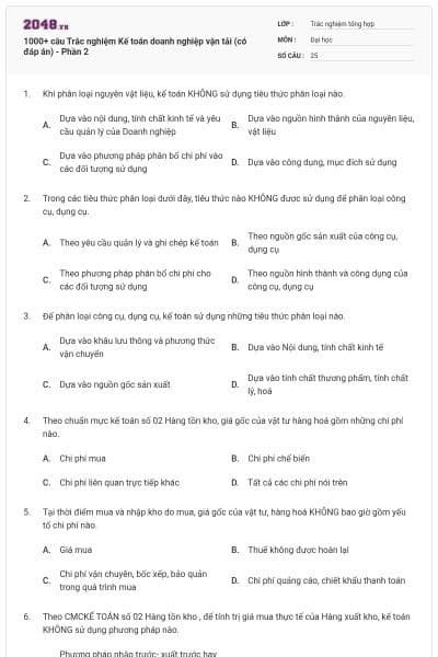 1000+ câu Trắc nghiệm Kế toán doanh nghiệp vận tải (có đáp án) - Phần 2