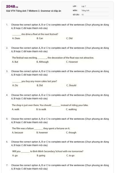 Giải VTH Tiếng Anh 7 Midterm 2. Grammar có đáp án