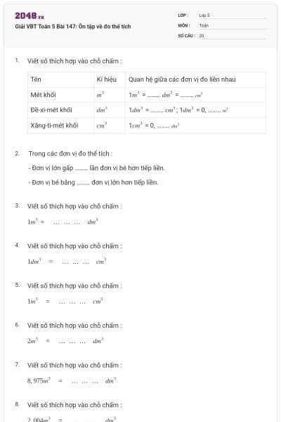 Giải VBT Toán 5 Bài 147: Ôn tập về đo thể tích