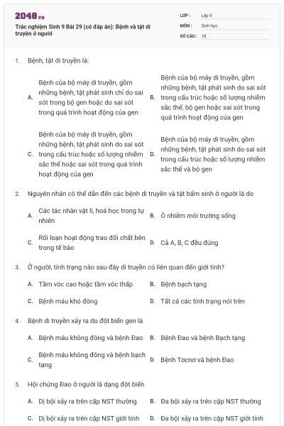 Trắc nghiệm Sinh 9 Bài 29 (có đáp án): Bệnh và tật di truyền ở người