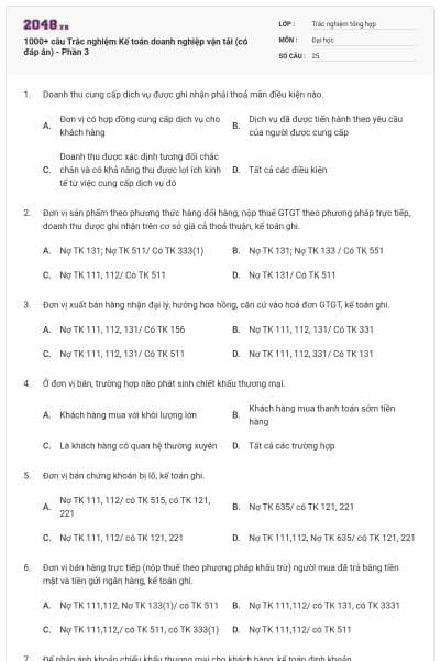 1000+ câu Trắc nghiệm Kế toán doanh nghiệp vận tải (có đáp án) - Phần 3