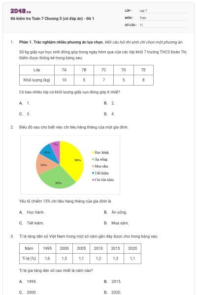 Đề kiểm tra Toán 7 Chương 5 (có đáp án) - Đề 1