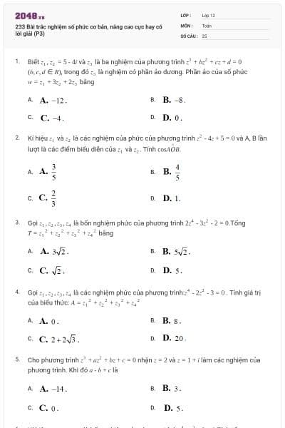 233 Bài trắc nghiệm số phức cơ bản, nâng cao cực hay có lời giải (P3)