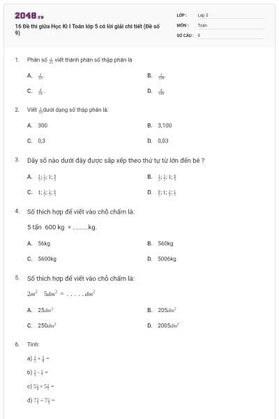 16 Đề thi giữa Học Kì I Toán lớp 5 có lời giải chi tiết (Đề số 9)