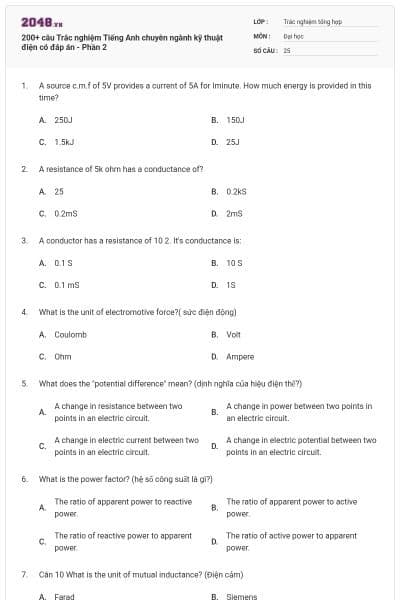 200+ câu Trắc nghiệm Tiếng Anh chuyên ngành kỹ thuật điện có đáp án - Phần 2