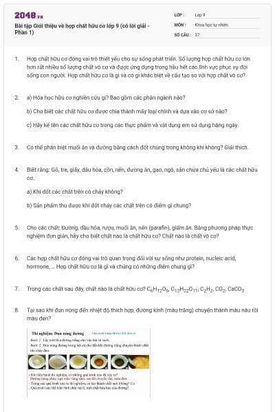 Bài tập Giới thiệu về hợp chất hữu cơ lớp 9 (có lời giải - Phần 1)