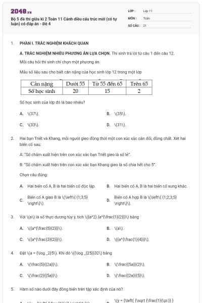 Bộ 5 đề thi giữa kì 2 Toán 11 Cánh diều cấu trúc mới (có tự luận) có đáp án - Đề 4