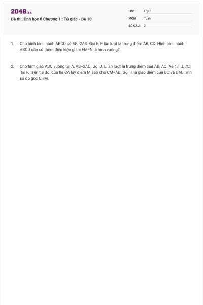 Đề thi Hình học 8 Chương 1 : Tứ giác - Đề 10