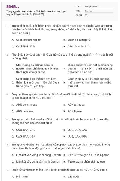 Tổng hợp đề tham khảo thi THPTQG môn Sinh Học cực hay có lời giải có đáp án (Đề số 29)