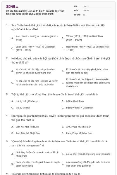 22 câu  Trắc nghiệm Lịch sử 11 Bài 11 (có đáp án): Tình hình các nước tư bản giữa 2 cuộc chiến tranh